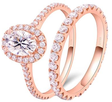 Skcess 14 Karat Roségold Verlobungsring Weiß Moissanit Oval, Verlobungsring 2 Stück Oval Ring Damen Größe 58 (18.5)
