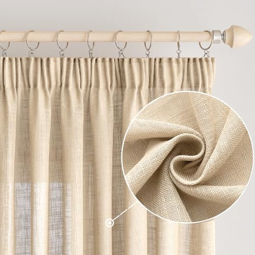 EMEMA Gardinen Leinenvorhang Vorhänge mit Kräuselband Beige 2er B140xH145cm | Gardinen mit Kräuselband 2er Set Leinenvorhang für Wohnzimmer Dekoschal Küchengardinen Schlaufenschal Schlafzimmer 140x145cm