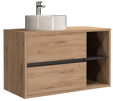 Vente-unique - Waschbeckenunterschrank hängend mit rundem Waschbecken - 100 cm - Naturfarben - PURNAL