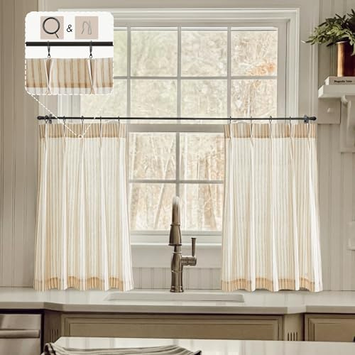 LIMON HOME Boho Striped Semi-Sheer Curtains, 30 Inch Length, 2 Panels Set for Kitchen, RV, Basement Windows, Tan Beige