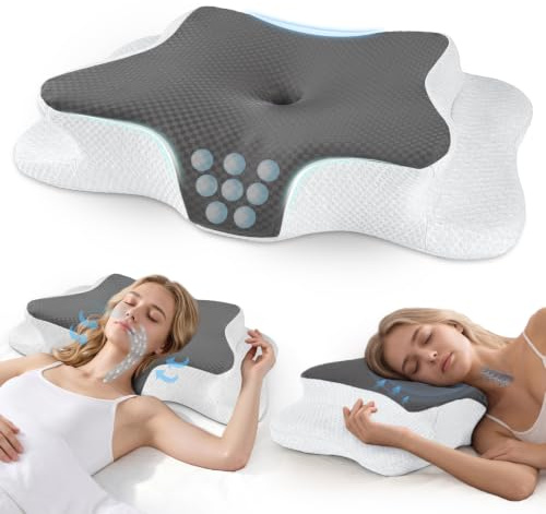 CHxxy Schmetterlingskissen, Memory Foam Nackenkissen, Ergonomisches Kissen | Seitenschläferkissen, Nackenstützkissen, höhenverstellbar, kühlend für Seiten-, Rücken- und Bauchschläfer, Grau mit Weiß