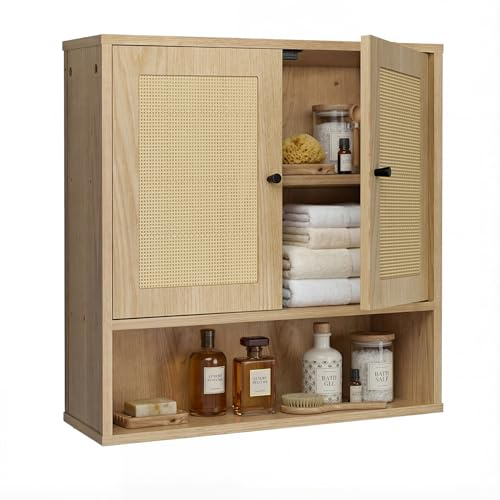DongRong Badezimmerschrank Hängeschrank, wandmontierter Rattan Wandschrank mit 2 Türen & offener Ablage, Hängeschrank Bad über Toilette, Aufbewahrungsschrank Eiche