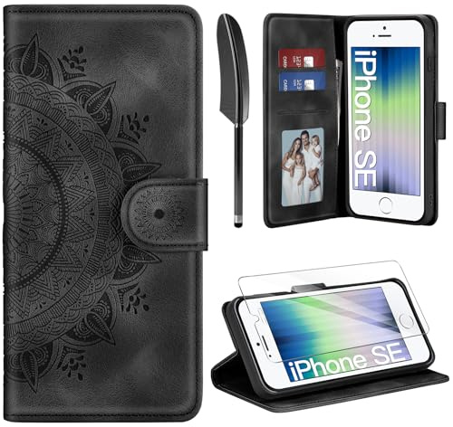 ivencase für iPhone SE 2022/2020 iPhone 8/7 Hülle und Schutzfolie, Schwarz | Premium Klappbar Handyhülle, Magnet, Kartenfach, Ständer, PU Leder, Flip Wallet Schutzhülle