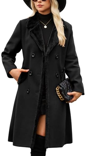 Yuson Girl Wintermantel Damen Lang Klassische Zweireihiger Mantel Revers Damen-mäntel Herbst Winter Übergangsmantel Warmer Winter Coat Elegant Trenchcoat mit Taschen(Schwarz, L)
