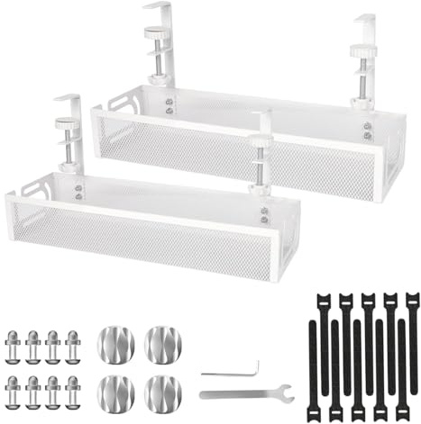 Under Desk Cable Management Tray No Drill Metal Mesh Cables Organiser with Clamp Mount Wire Management Tray for Cords Power Strips Cord Organizer, Wire Organizer for Homes, Offices (2Pcs, White)