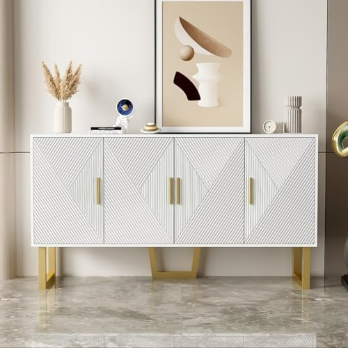 PUGSDRLY Buffet de Salle à Manger 150×40×82 cm, Armoire 4 Portes avec Surface Texturée Brillante et Poignées Dorées, Étagères Intérieures Réglables en Hauteur, Fermeture Amortie