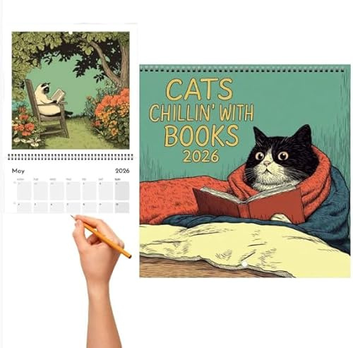 Valicaer Reading Cat Calendar 2026,Cat Chillin with Book Wall Calendar,Cute Funny Cat Art Monthly Planner,Quirky Bookish Gift for Book Lover
