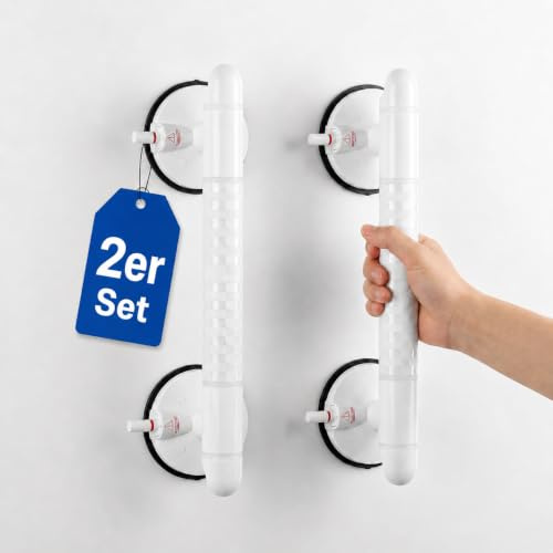 Magicbox Haltegriff mit Saugnapf 2 Stück, 36,5 cm Haltegriff Dusche ohne Bohren mit nachpumpbarer Vakuum-Pumpe, 10 cm Saugnäpfen, Warnanzeige & rutschfestem Griff für Senioren, Badewanne & Wohnmobil