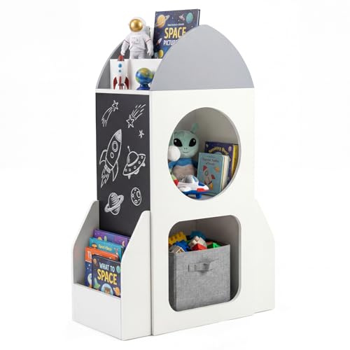 COSTWAY 2 in 1 Bücherregal Kinder in Raketenform, 3 stufiges Kinderregal & Katzenbaum mit Tafel, 2 Fächern, Ablage & Ball, Spielzeugregal aus Holz, Spielzeug-Organizer für Kinderzimmer, Spielzimmer