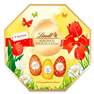 Lindt Schokolade Alkohol-Spezialitäten Eier| 144 g | Vollmilch-Eier mit flüssiger alkoholischer Füllung (Cognac, Eierlikör-Eier, Kirschwasser) | Oster Schokolade | Schokoladengeschenk | Ostereier