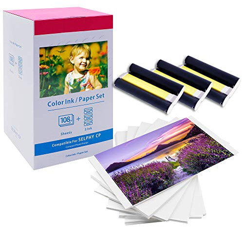 Ersatz für Canon Selphy CP1500 Papier und Patrone Set, KP-108IN 3115b001(AA) für Selphy CP 1500 CP1300 CP1200 CP1000 CP910 CP820 CP810 Fotodrucker, 108 Fotopapier (100 x 148mm) + 3 Kartusche