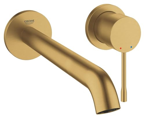 GROHE Essence, Waschtischarmatur für die Wandmontage, wassersparend (2-Loch Wasserhahn für das Bad, ca 23cm lang, langlebige Oberfläche, Badarmatur ohne Unterputz Einbauset), gold, 19967GN1
