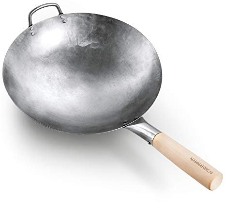Mammafong Australia - Wok auténtico martillado a mano, 35,5 cm de acero al carbono, parte inferior redonda con mango de ayudante