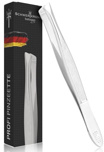 Schwertkrone - Pinzetta professionale Solingen, 8 cm, inclinata e angolata, per sopracciglia, prodotto in Germania (inclinata)