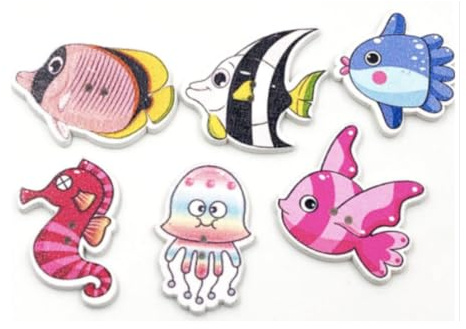30 bunte Holz Knöpfe Fische im Mix 22mm - 36mm zum aufnähen 2 Löcher 1mm DIY Handarbeit Scrapbooking nähen annähen Jackenknöpfe Mantelknöpfe basteln Kinderkleidung