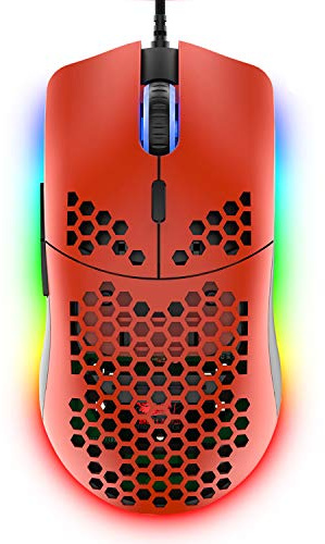 Hoopond M1 Pro Gaming Maus, 69G Honeycomb Shell Extrem leichte kabelgebundene Optical Maus, 6 RGB Farbwechselmodi 6400 DPI 6 Taste Programmierbare USB Computer-Maus für PC/Mac/Laptop /PS4, Rot
