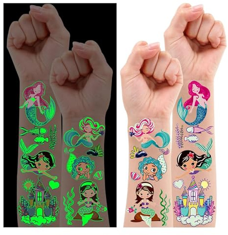 Leesgel Meerjungfrau Tattoos für Kinder, 10 Blätter Leuchtende Kindertattoos für Geschenk Mädchen 3 4 5 6 7 8 9 10 Jahre, Als Geburtstagsdeko Kindergeburtstag Party Deko Mädchen Spielzeug