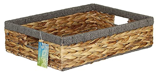 Shallow Rectangular Water Hyacinth baskets. Natural baskets light colour and with grey edges. Open trays for storage of paper, toys or books and magazines (47cm, Grey Edge) | Shallow, Natural Light Colour, Open Trays, For Paper, Toys, Books & Magazines