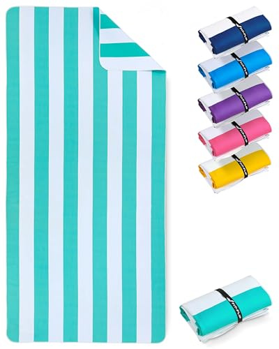 Fit-Flip Strandtuch XXL Mikrofaser leicht und schnelltrocknend | Türkis-Weiß gestreift 160x90cm, Strandhandtuch, 100% recycelt, Badetuch groß, Reisehandtuch