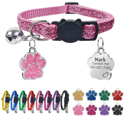 Uiopa Katzenhalsband mit Namen, Katzenhalsband mit Sicherheitsverschluss und Glöckchen, Halsband Katze Personalisiert, Enthalten Prickelnde Hundemarke mit Gravur (Pink)