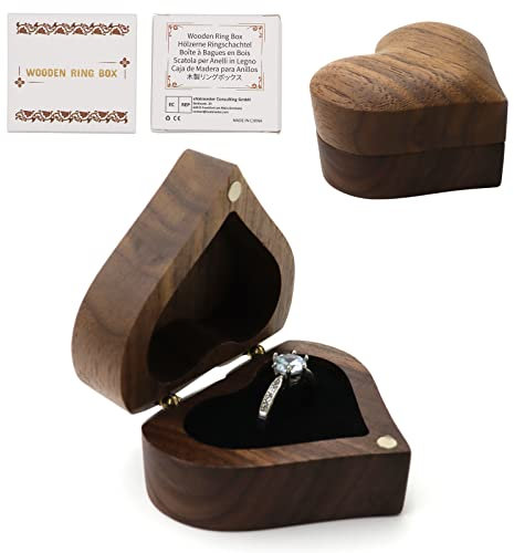 Mamiddle Walnuss Holz Ring Box Samt Soft Interieur Halterung Ohrringe Schmuck aus Holz Präsentation Box Fall für Vorschlag Verlobung Hochzeit Zeremonie (Volles Herz)
