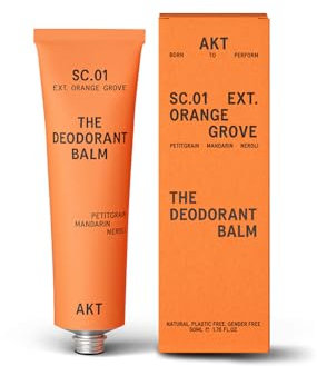 AKT, THE DEODORANT BALM. Award winning, multi-use, natural deodorant. Plastic Free. Gender Free. Aluminium Free. 100% effective — 1 tube lasts up to 3 months. SC.01 ORANGE GROVE. 50ml