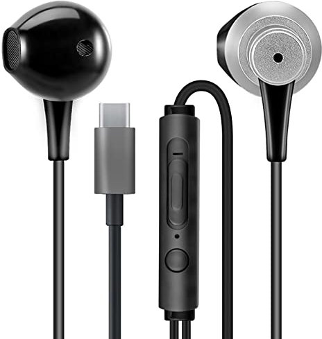 MAS CARNEY Auriculares con Cable Tipo C TH4, Cascos USB C, Auriculares con Micrófono para Samsung, Huawei, Google Pixel y Otros Teléfonos Inteligentes con Interfaz Tipo C- Negro/Blanco (Negro)