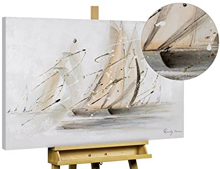 KunstLoft Leinwandbild | 100% HANDGEMALT | 100x75cm | Gemälde 'On the Sea' | Schiffe & Boote | Grau Beige | Wandbild Wohnzimmer