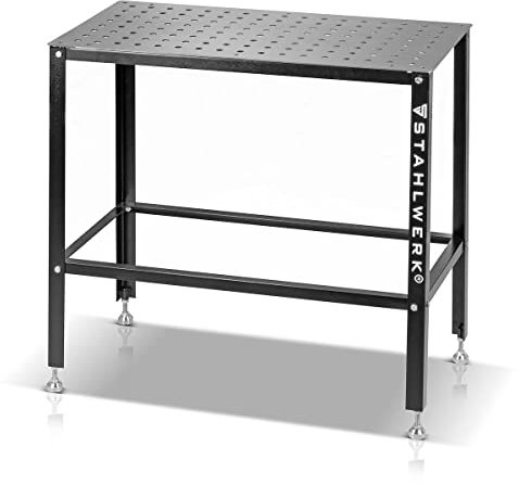 Mesa de soldadura STAHLWERK con capacidad de carga de 500 kg y encimera de 3 mm 91,5 x 46 x 90 cm en sistema de agujeros D16, de acero al carbono