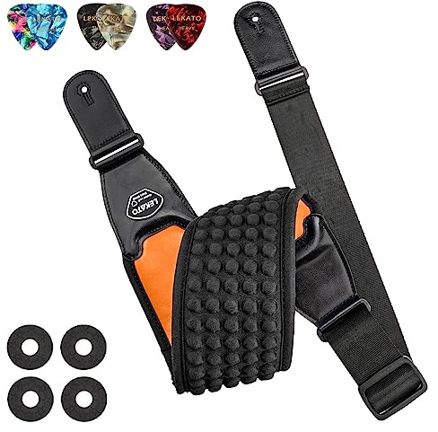 LEKATO Guitar Straps for Electric Guitar Bass, 3.5 Wide Padded Guitar Strap Neoprene Pad with 3D Sponge Filling Bass Guitar Straps Adjustable Length from 45 to 55 with Strap Locks, Picks, Orange