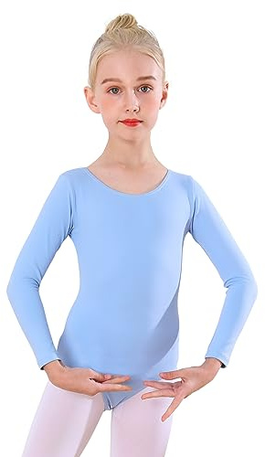 Bezioner Balettkläder för flickor, barn, balettdräkt, långa ärmar, dansbody för 3–12 år, blå, 120(6-8 Jahre,120-130 cm)