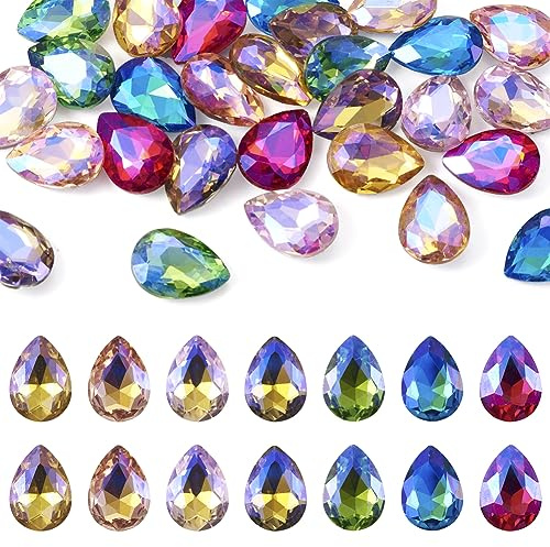 FASHEWELRY - 70 Stück Glascabochons mit flacher Rückseite, Strass, AB-Farbe, facettierte Perlen, Tropfenform, Glassteine, ohne Loch, für Schmuckherstellung und Bastelarbeiten