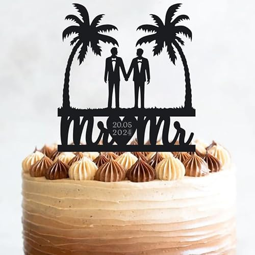 Décoration de gâteau de mariage sur la plage, couple de plage tropical, palmier, 15,2 à 19,8 cm, silhouette en acrylique personnalisée