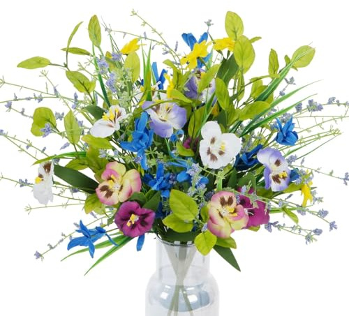 HO2NLE 3 Bundles Artificial Spring Flowers Fake Wildflowers Pansy Flowers Silk Flowers with Stems Colorful Spring Floral Arrangements for Home Kitchen Garden Table Centerpieces Easter Decor