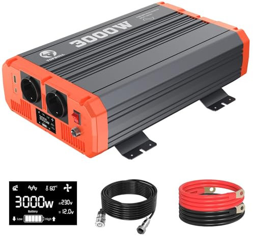 3000 Watt Wechselrichter 12v auf 230v Reiner Sinus Spannungswandler KFZ Netzvorrangschaltung mit LCD-Display und 1 USB 1 Type-C Ausgang 2AC Steckdosen Inverter für Haushaltsgeräten mit Fernsteuerung
