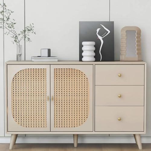 KOMHTOM Sideboard Kommode in Beige, Mehrzweckschrank mit Rattantüren, Anrichte mit 2 Türen und 3 Schubladen für Wohnzimmer Schlafzimmer und Diele