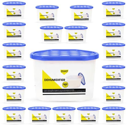 Zuvo Dehumidifier 500ml Pack of 20 | Disposable Moisture Absorber & Damp Trap for Home, Wardrobe, Bathroom | Condensation Absorbers & Humidity Control | Cupboard, Window & Interior Dehumidifiers