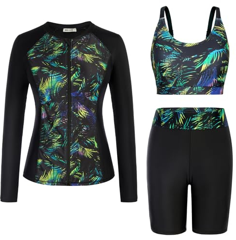 GRACE KARIN Damen 3 Piece Badeanzug Langärmligem Rashguard Surfkleidung | Tankini 3 teilig Damen, Langärmlig Mit Reißverschluss, Elegante Schwimmanzug Wassersport Burkini