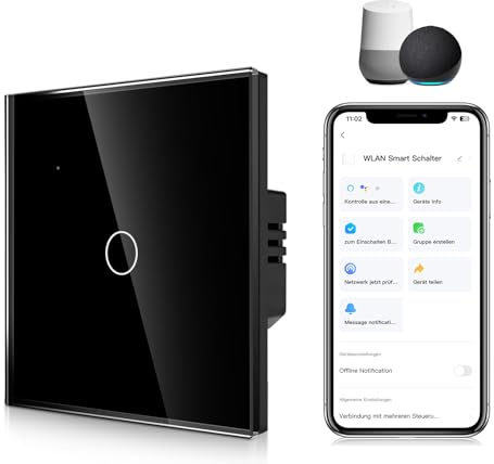 CNBINGO Smart Touch Lichtschalter in Schwarz - einfach WLAN Wandschalter Arbeit mit Alexa, Google Assistant - Glas Wandschalter Unterputz - Mehrkontroll, Timer, Zeitplan - 1 Fach