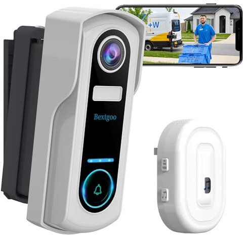 Bextgoo 2K FHD Doorbell Camera Wireless with Multi-Angle Bracket, WiFi Video Doorbell Wireless, 10000mAh Battery, AI Motion Detection Alert, 2-Way Talk, Voice Message & Changer, Work with Alexa, IP67