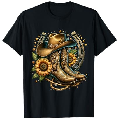Western Cowboystiefel Hufeisen Sonnenblume Seil Cowgirl Boot T-Shirt