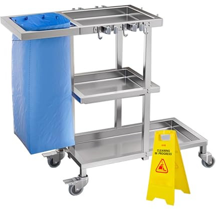 Hausmeisterwagen Edelstahl, 3 Ebenen Rolling Reinigungswagen auf Rädern für Reinigungszubehör, Haushaltsstation(Color:C)