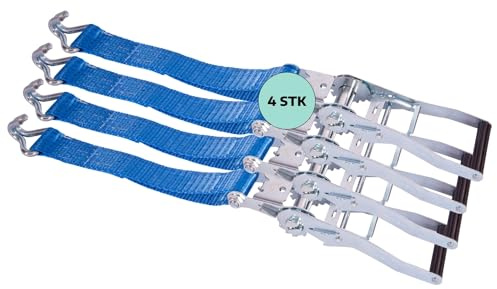 AWOTEX 4 x Zurrgurt 2-teilig mit Ratsche 8 m & 2-Strang Spitzhaken I Spanngurte mit Ratsche I Gurte zum Befestigen I Spanngurt mit Sicherheitsetikett I Zurrgurte mit Spitzhaken