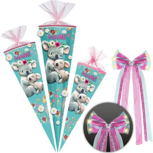 alles-meine.de GmbH mit 3D Stoff - Blumen & Glitzer ! - Schultüte - süße Koala Familie - 70-85 cm - Größe wählbar - inkl. Name + LED LICHT - Schleife - Zuckertüte - Tüllabschlu..