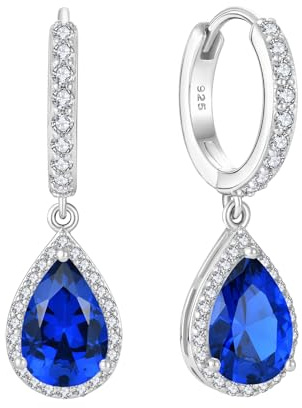 Starchenie Ohrringe 925 Sterling Silber für Damen Creolen mit Zirkonia Saphir Geburtsstein Tropfen Hängend Hypoallergen Kreolen Hängeohrringe