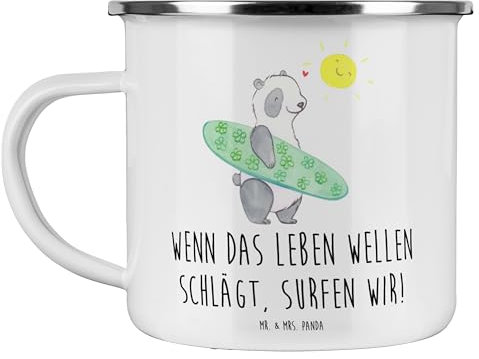 Mr. & Mrs. Panda Camping Emaille Tasse Sommer Wellen Surf - Geschenk, lebensfroh, Edelstahl Trinkbecher, Sonnenuntergang, Camping Becher, Erholung,