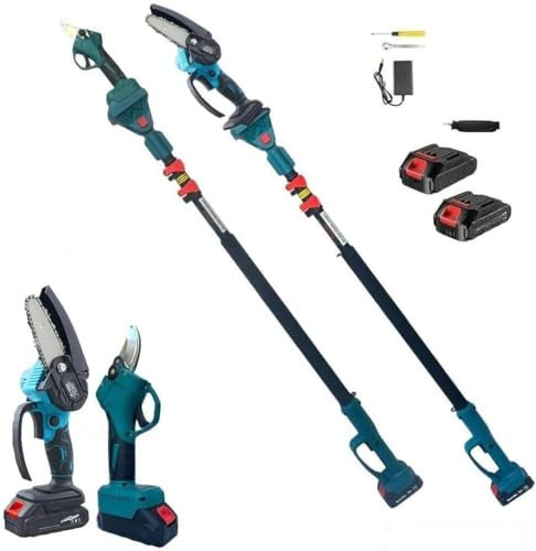 Kit di potatura con mini motosega e forbice cesoia a batteria telescopica, ideale per rami e arbusti di piccole dimensioni