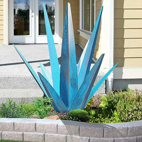 KODIBO, Grande scultura rustica di pianta di agave in metallo per cortile esterno, decorazione per la casa, statua da giardino, agave in metallo dipinta a mano, ornamenti per prato esterno, colore blu