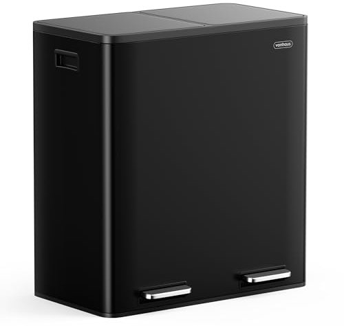 VonHaus Kitchen Bin, 60L Double Recycling Bin for Kitchen, Black Two Section Food Waste Separation System with Non-Slip Base & Removable Inner-Compartments, Large Airtight Trash Can, 2 x 30L