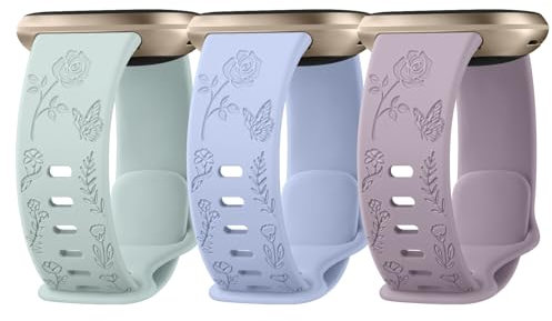 Vancle Armband für Fitbit Versa 4 Armband Damen,Floral Gravierte Silikon Ersatzarmbänder für Fitbit Versa 3/Sense 2/Sense(Hellgrün/Hellblau/Hellviolett)
